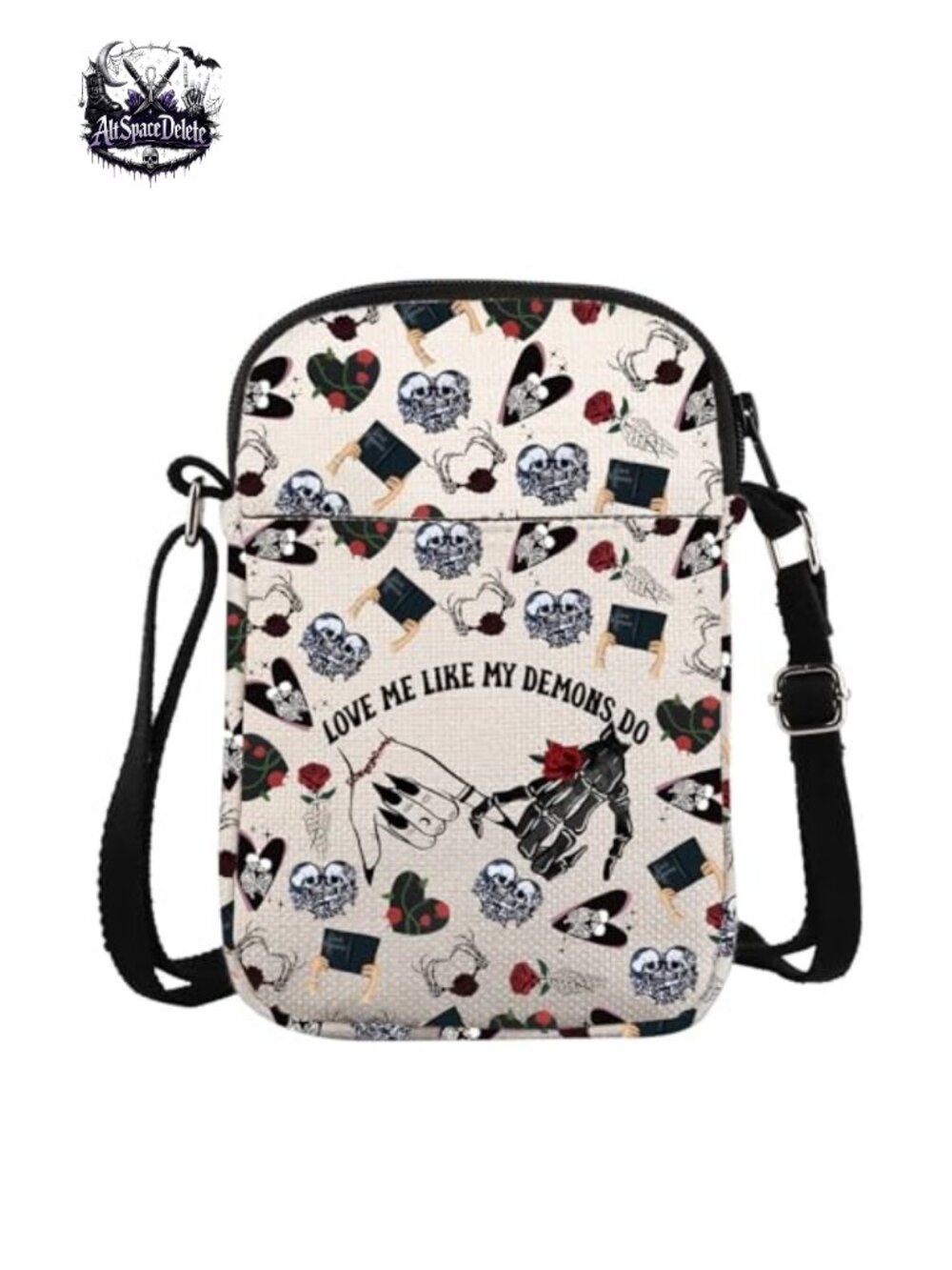 Gothic Crossbody Messenger Bag Cotton Skull Hands Print Unisex